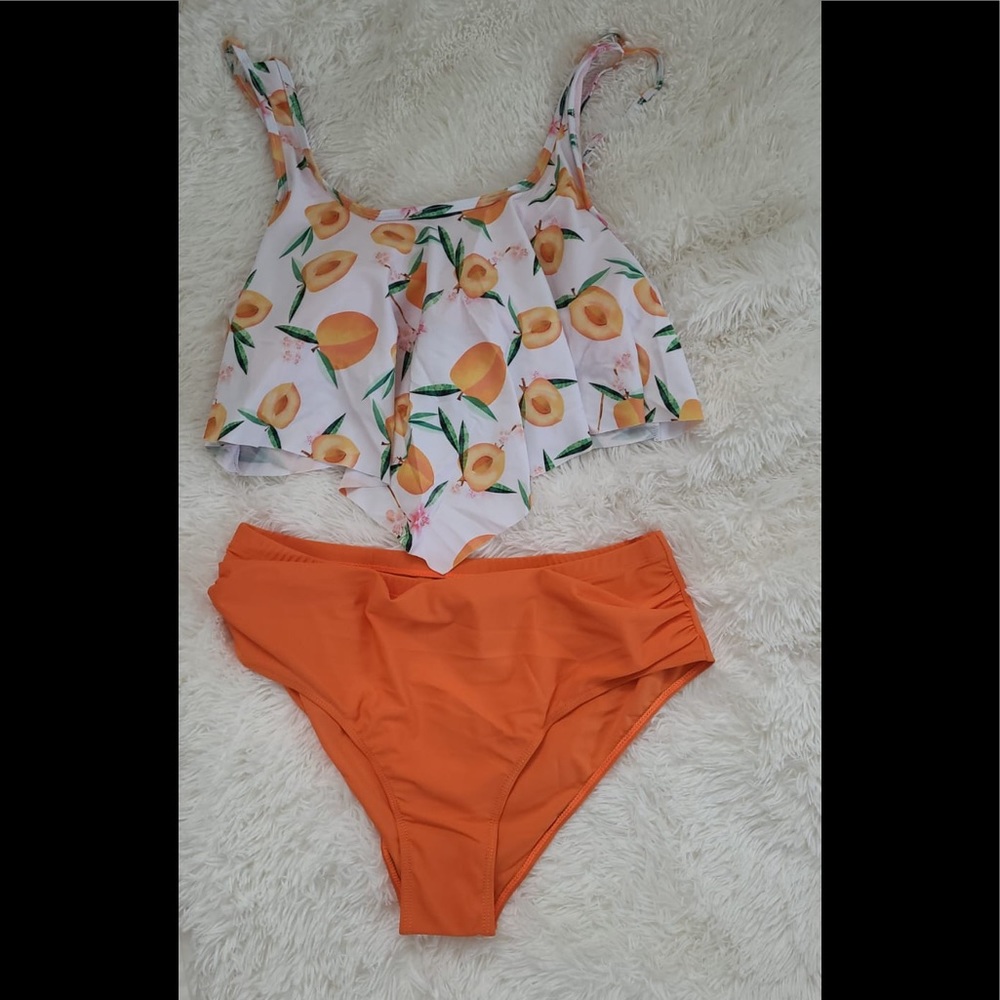 Plus size 2pcs set women biki the very high quality swimming printed ruffle peac - Picture 4 of 8